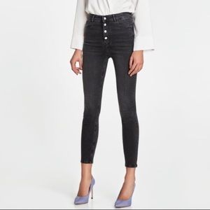 ZARA high waist skinny button front faded black jeans
